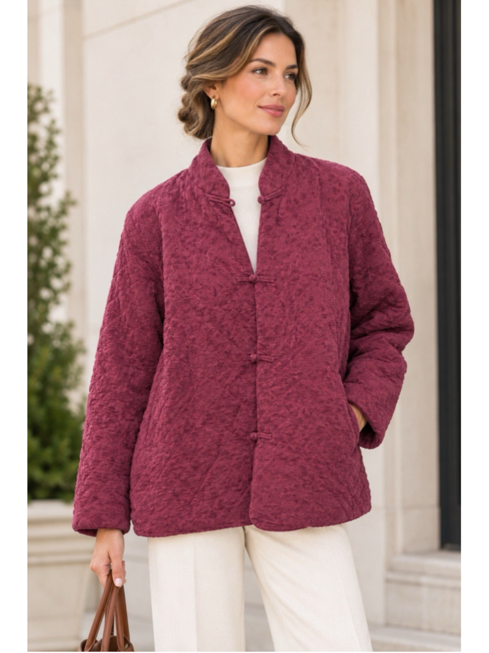 Eileen Fisher Red 100% Silk Quilted Jacket M Frog Closure Mandarin Asian Lined